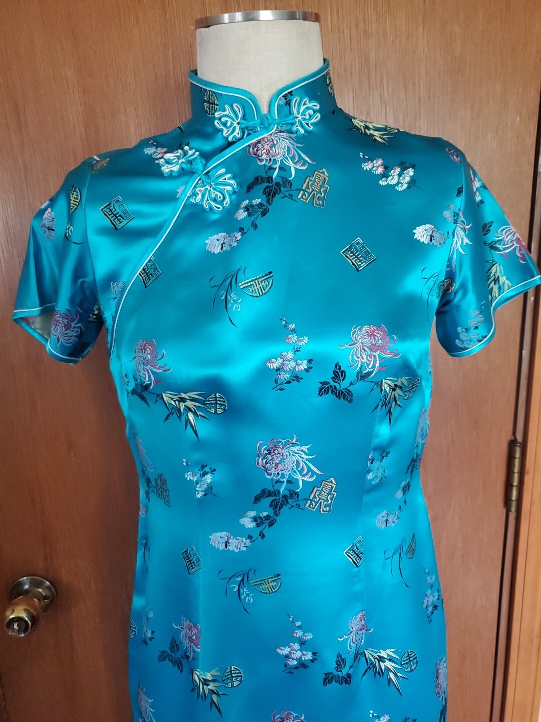 Vintage 1960’s Peony Brand Cheongsam Shanghai China Teal Sz. 36 (S/M)