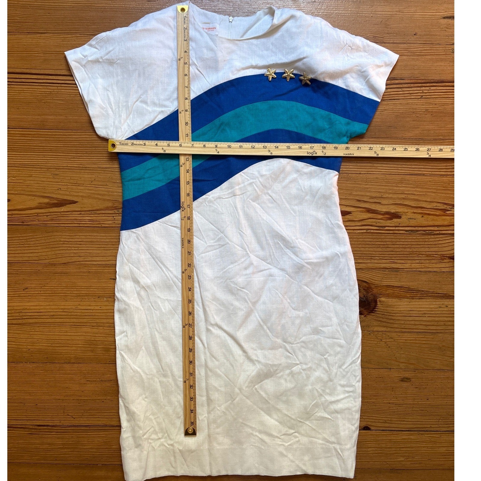 David Warren Sheath Dress Women White Blue Starfish Nautical Linen Blend SIZE 14