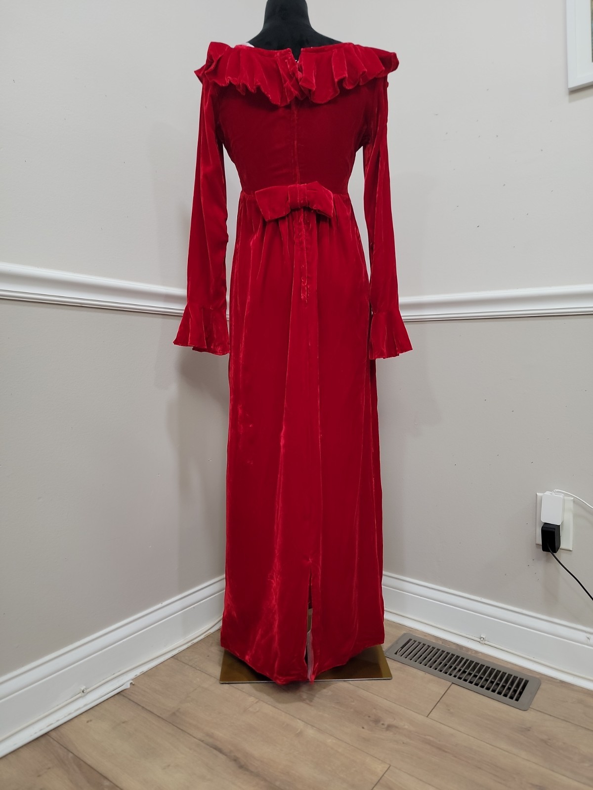 Vintage 60s Red Velvet Maxi Dress Empire Waist Ruffle Holiday Formal Gown S/