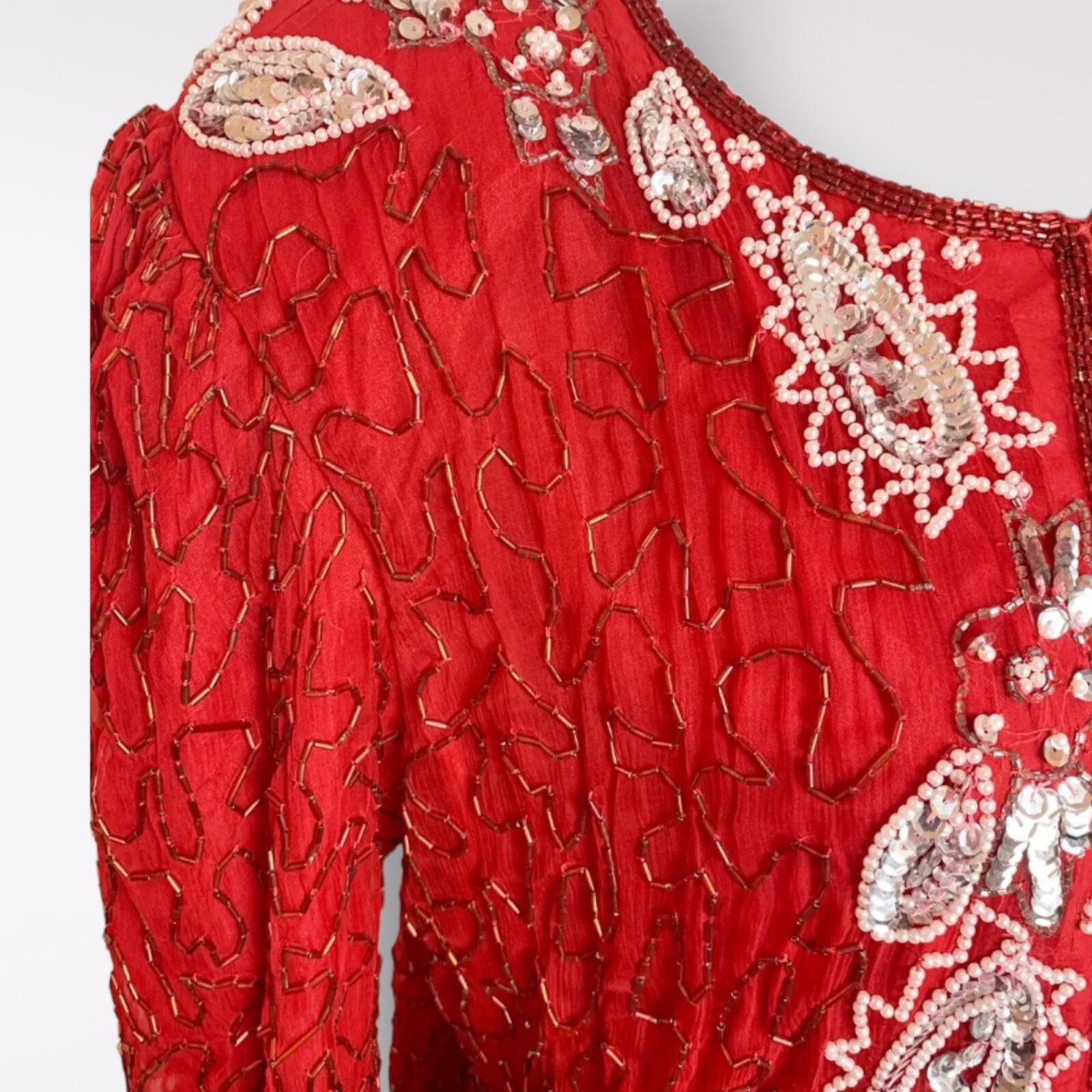 Vintage 90s Sequin SILK Beaded Paisley￼ Red Size Large L Womens Party Cocktail