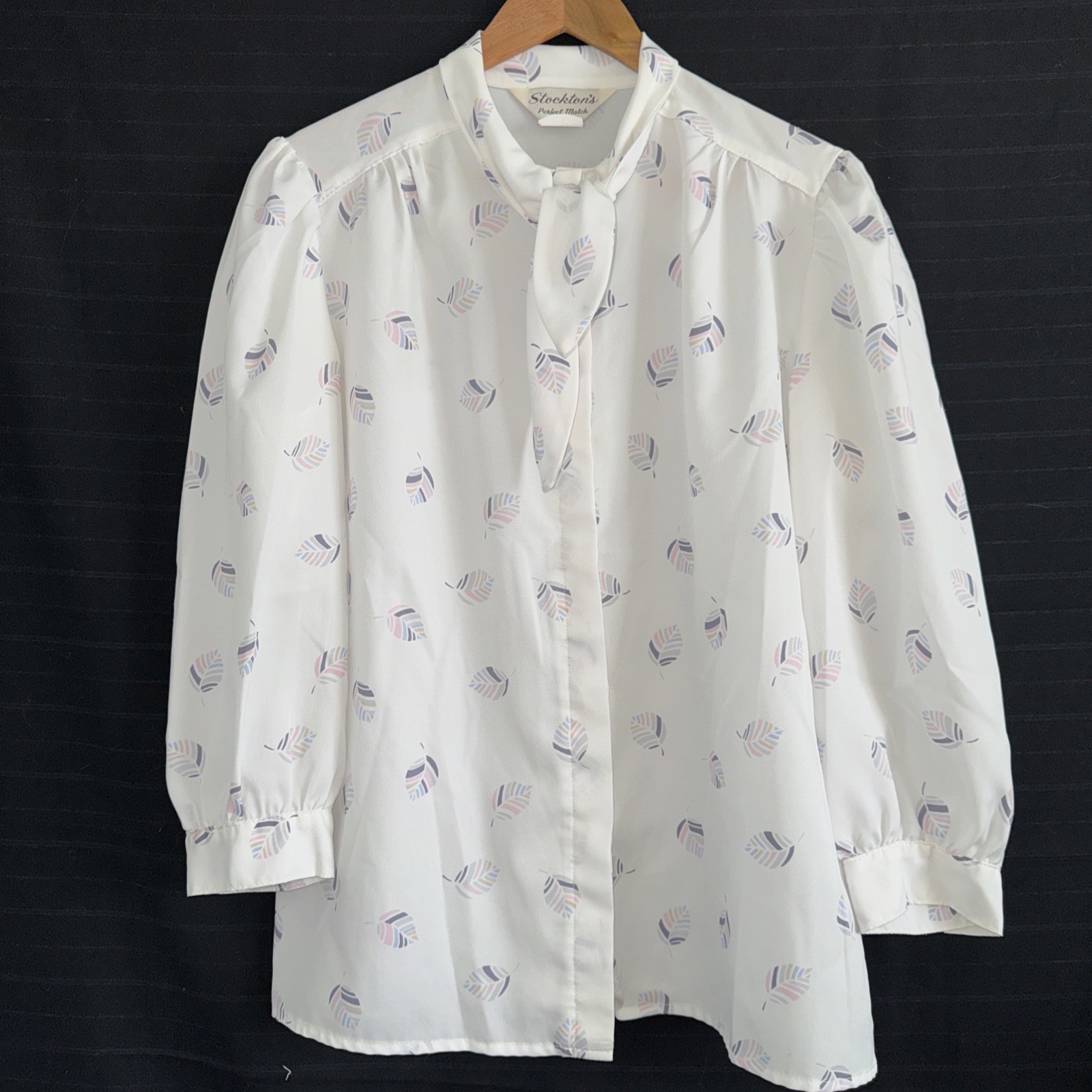 Vintage 80s Stocktons white pastel leaf printed blouse shirt pussybow tie sz 14