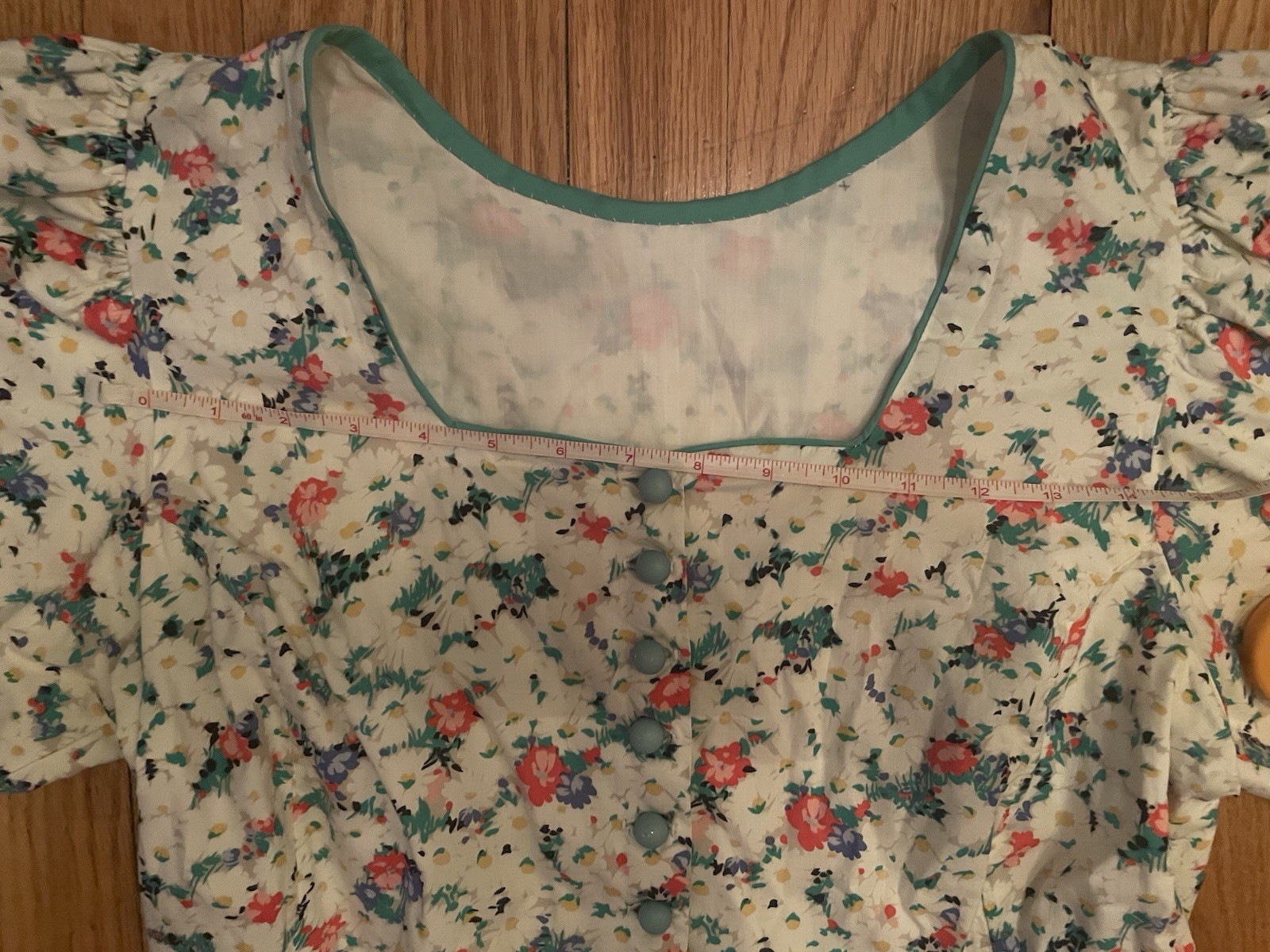 Vintage Floral Square Neck Balloon Short Sleeve Midi Homemade Day Dress S/M