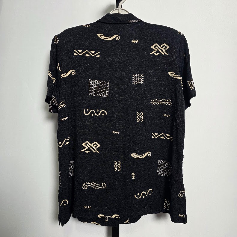 Vintage 90s Teddi Black Rayon Button Up Shirt Top Size 16 Tribal Geometric Art
