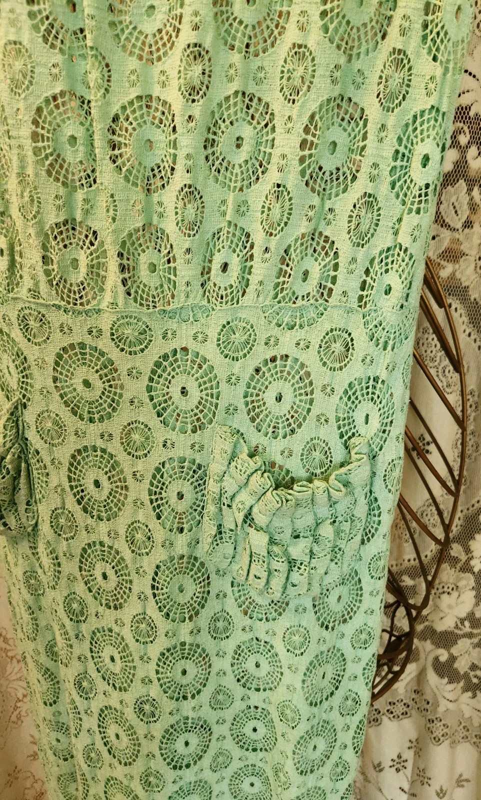 1930s Aqua Cotton Crochet Lace Dress with Cap Sleeves and Pockets XS