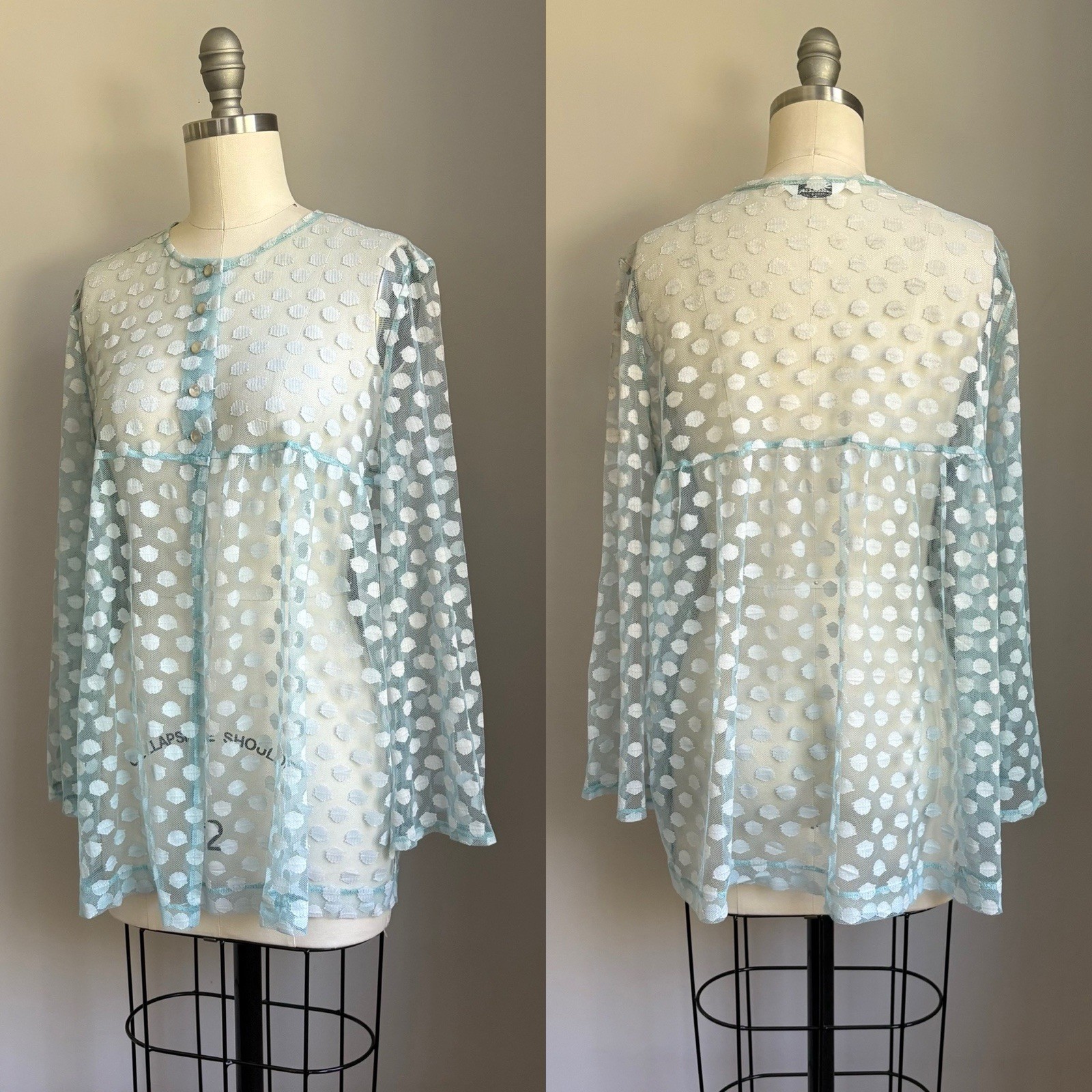 Vintage 60’s Catalina Baby Blue Mod Polkadot Lace Bell Slv Swimsuit Cover Up S/M