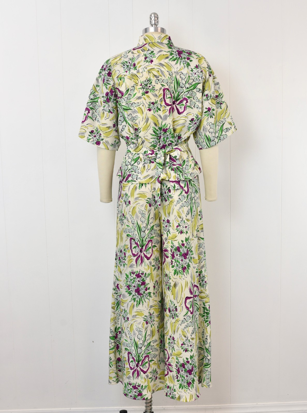 Vtg 1980s Norma Kamali Floral Ribbon Novelty Print Blouse Palazzo Pants Set