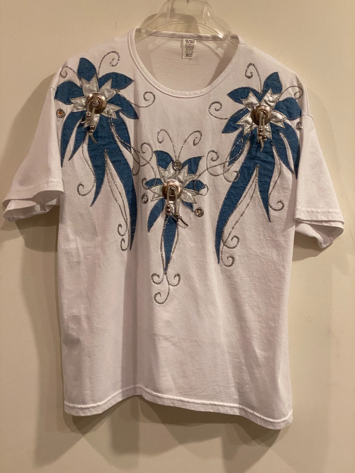 Vintage White Polyester & Cotton T Shirt Decorated w/Denim Applique & Rhinestone