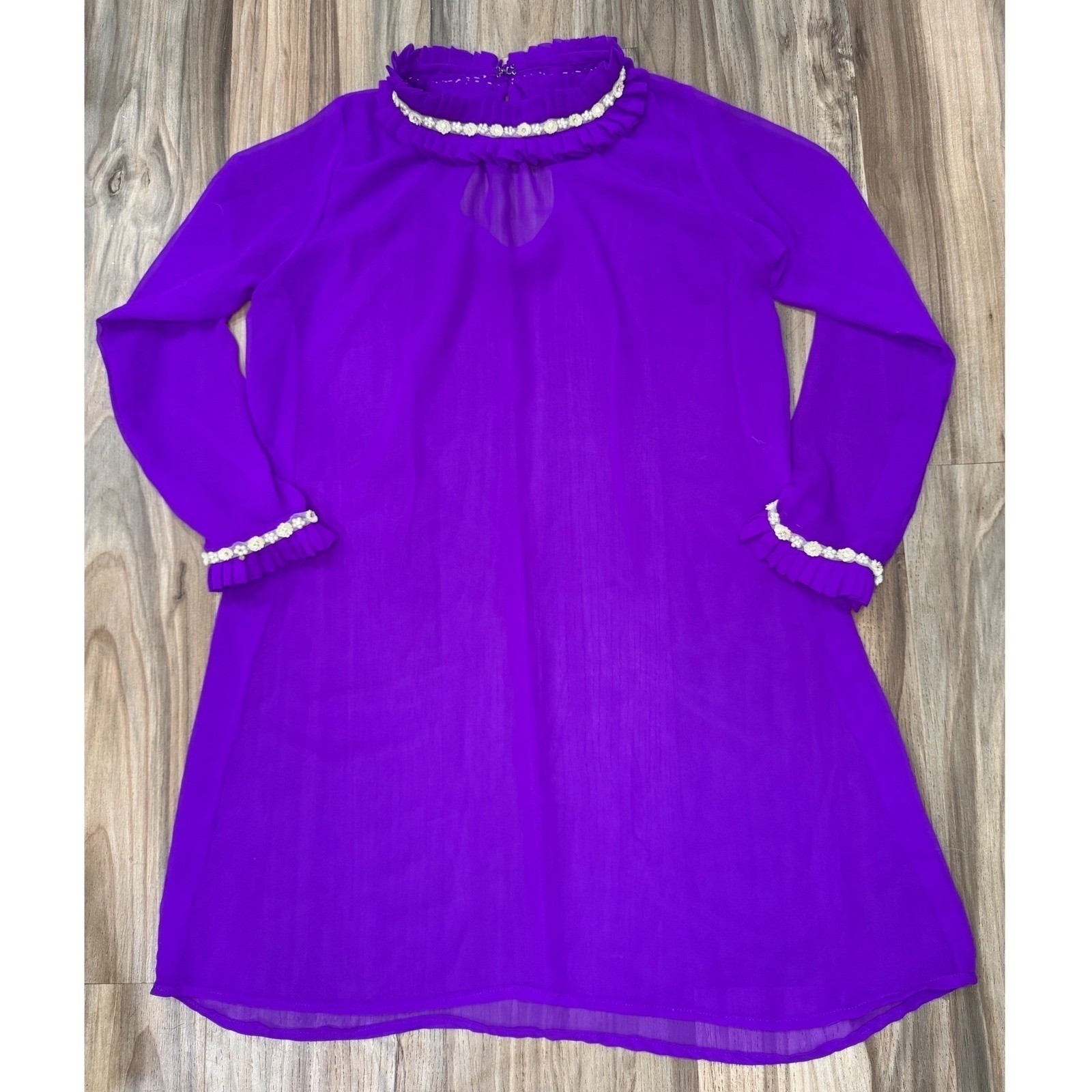 VTG Purple Sheer Chiffon Ruffle Neck Mini Dress Romantic Hollywood Regency S/M