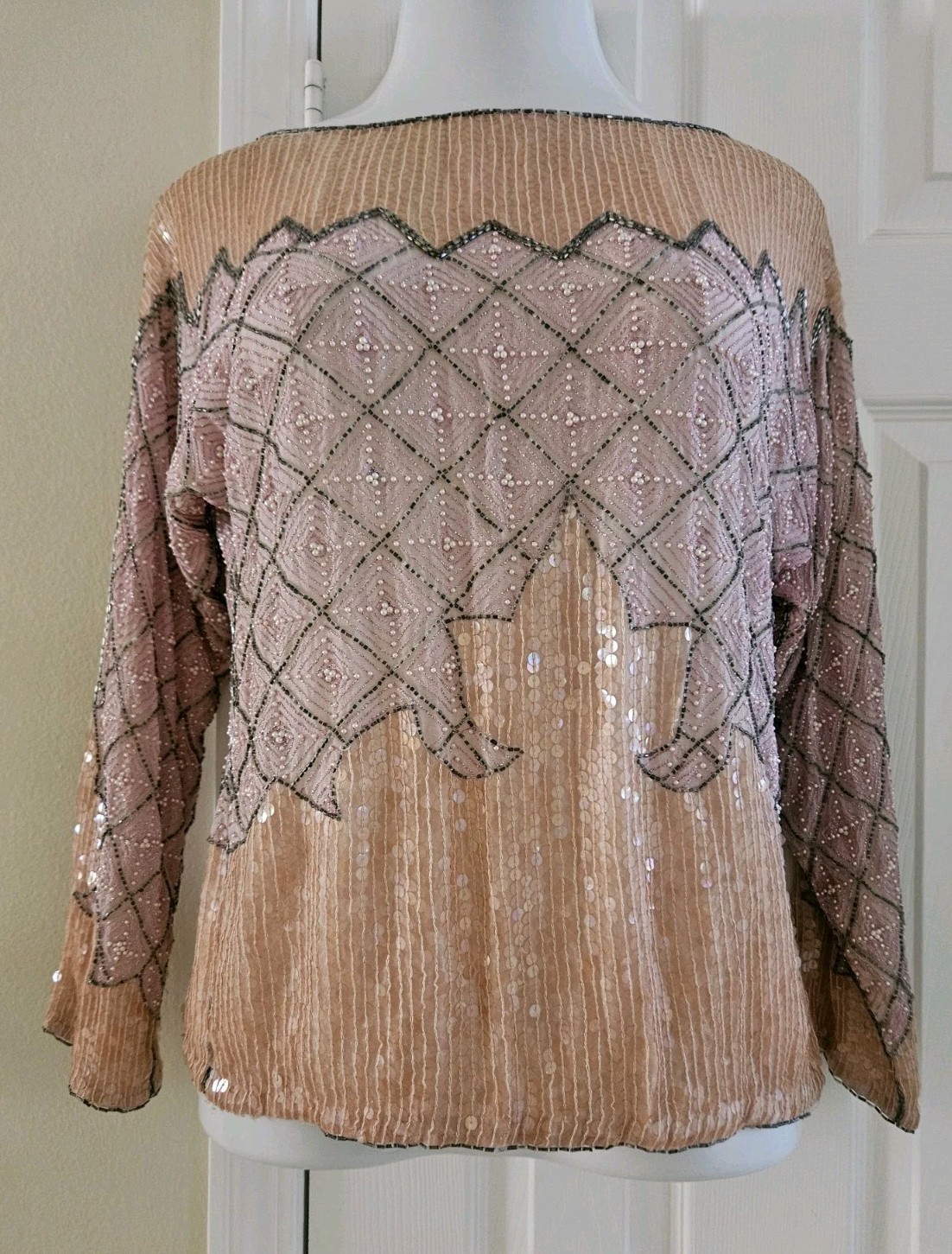 Unbranded Vintage 80s Beaded Sequin 100% Silk Formal Top Blouse Salmon Pink M
