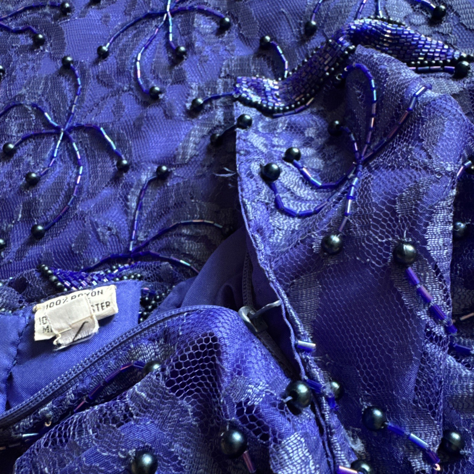 Vintage Fully Beaded Royal Blue Lace Party Dress (Size M-L) Special Occasion