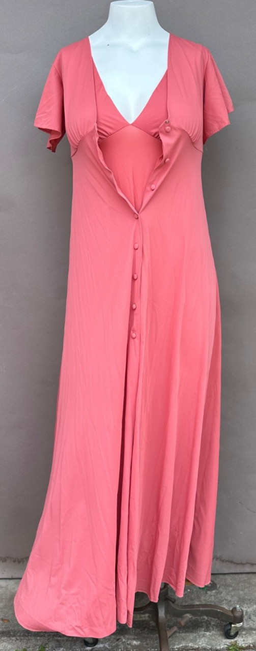 Vintage John Kloss Peignoir Set Small Salmon Robe Nylon Nightgown Hollywood Glam