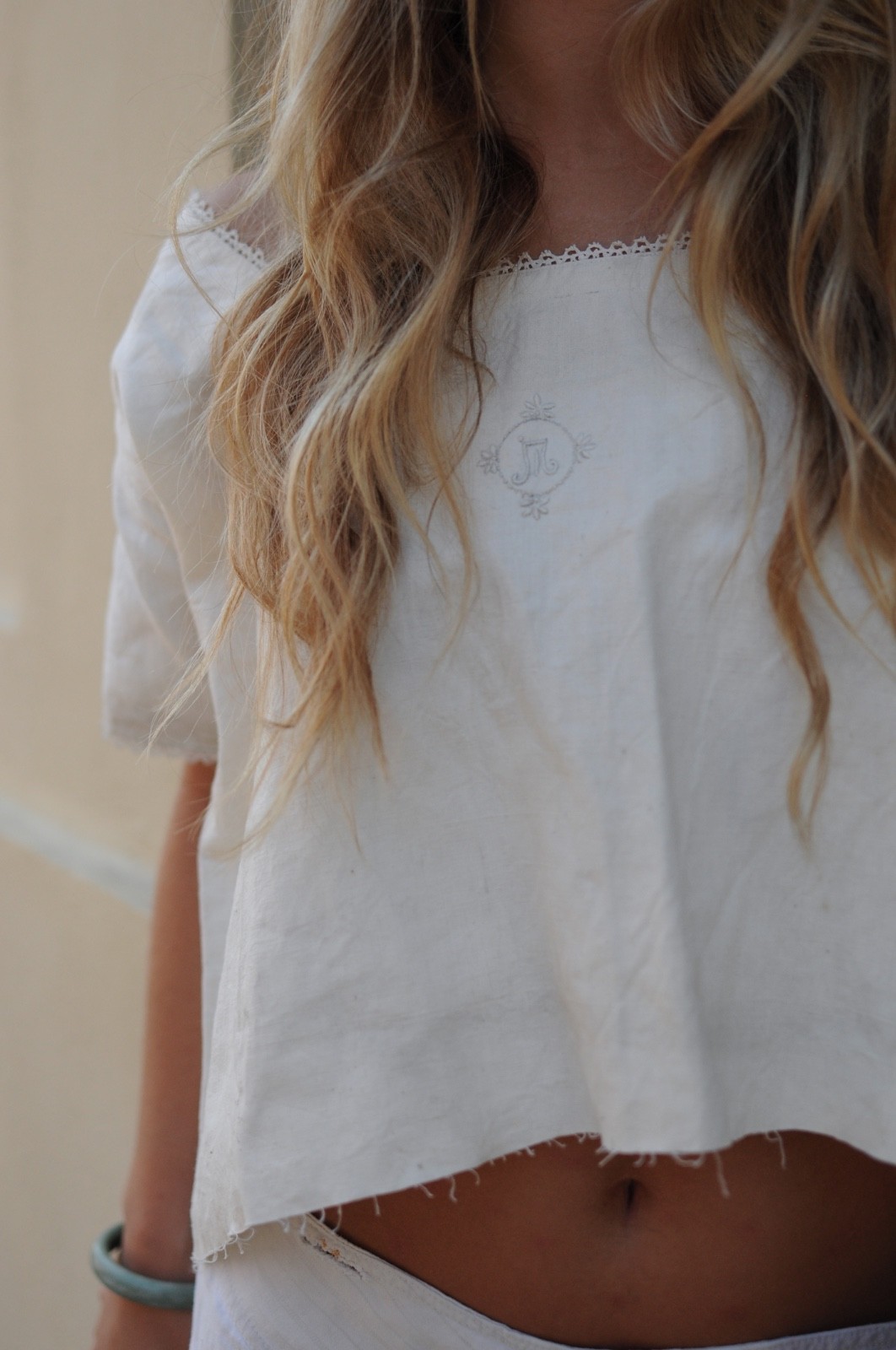 Edwardian Monogram Linen Blouse | Antique French Chemise Top, Early 1900s
