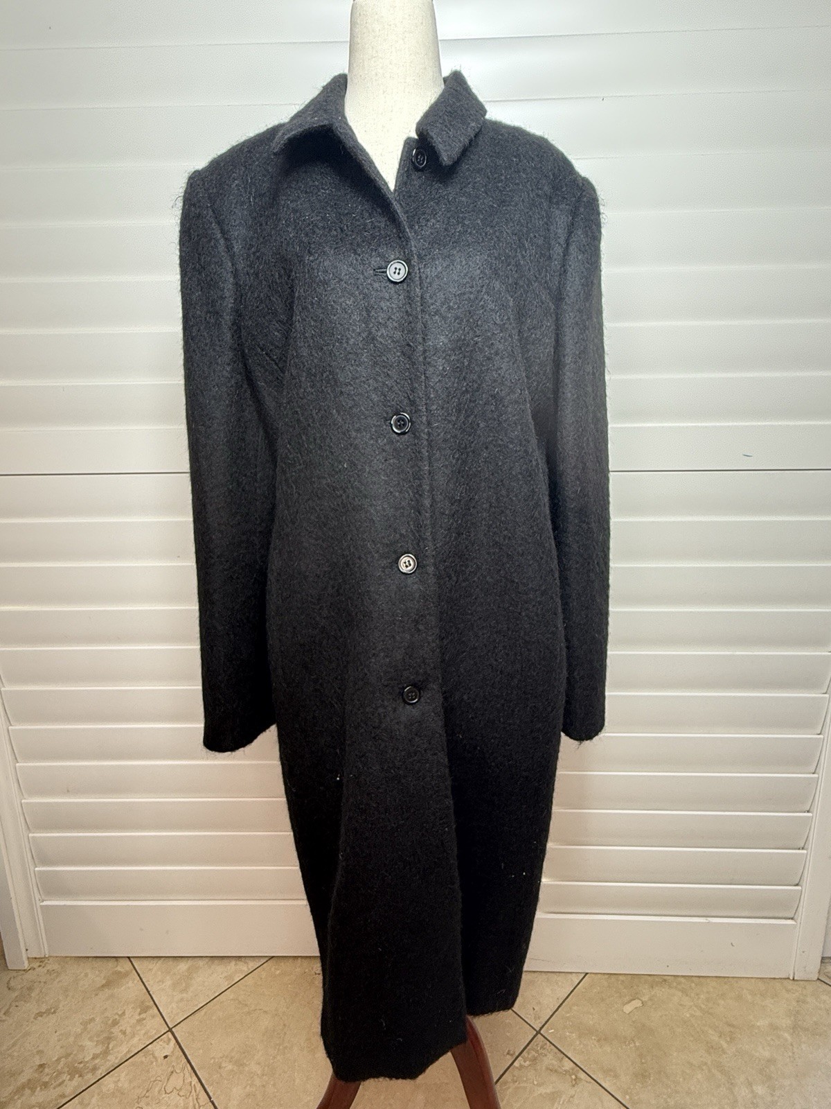 Vintage Amanda Smith Black Long Button-Front Wool/Alpaca/Mohair Trench Coat-14