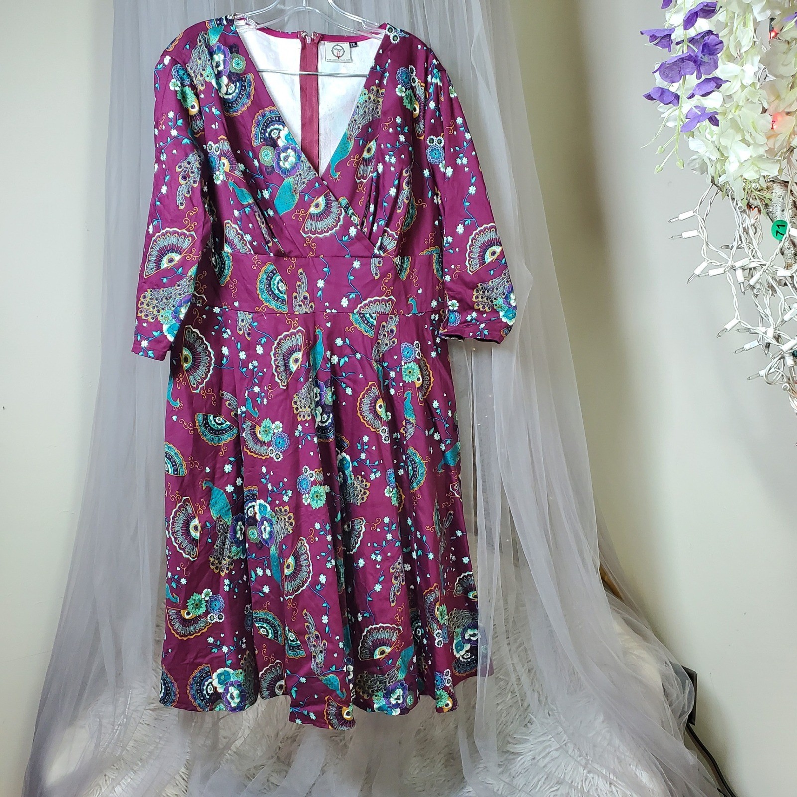 Retro Peacock Pin Up Twee Cotton Midi Dress Flare Party Special Occasion Size XL