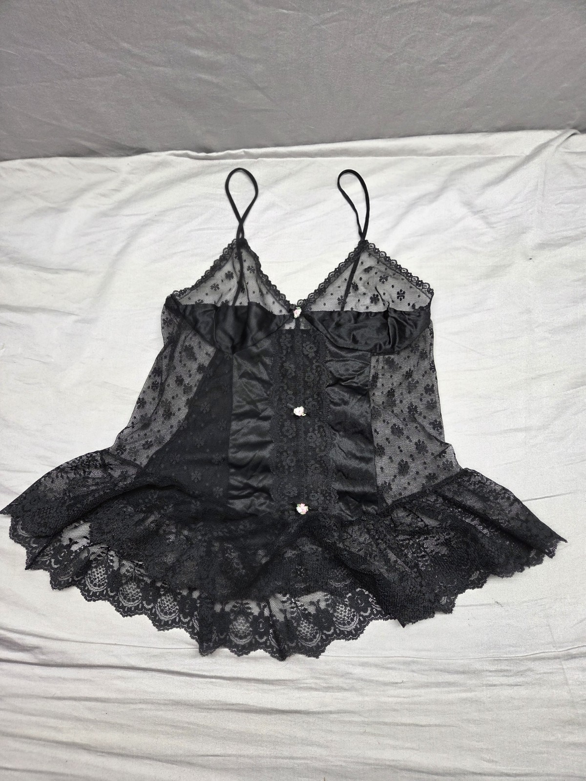 Vintage PETRA Fashions Black BABYDOLL Nightie Lace Satin Trim Size Small