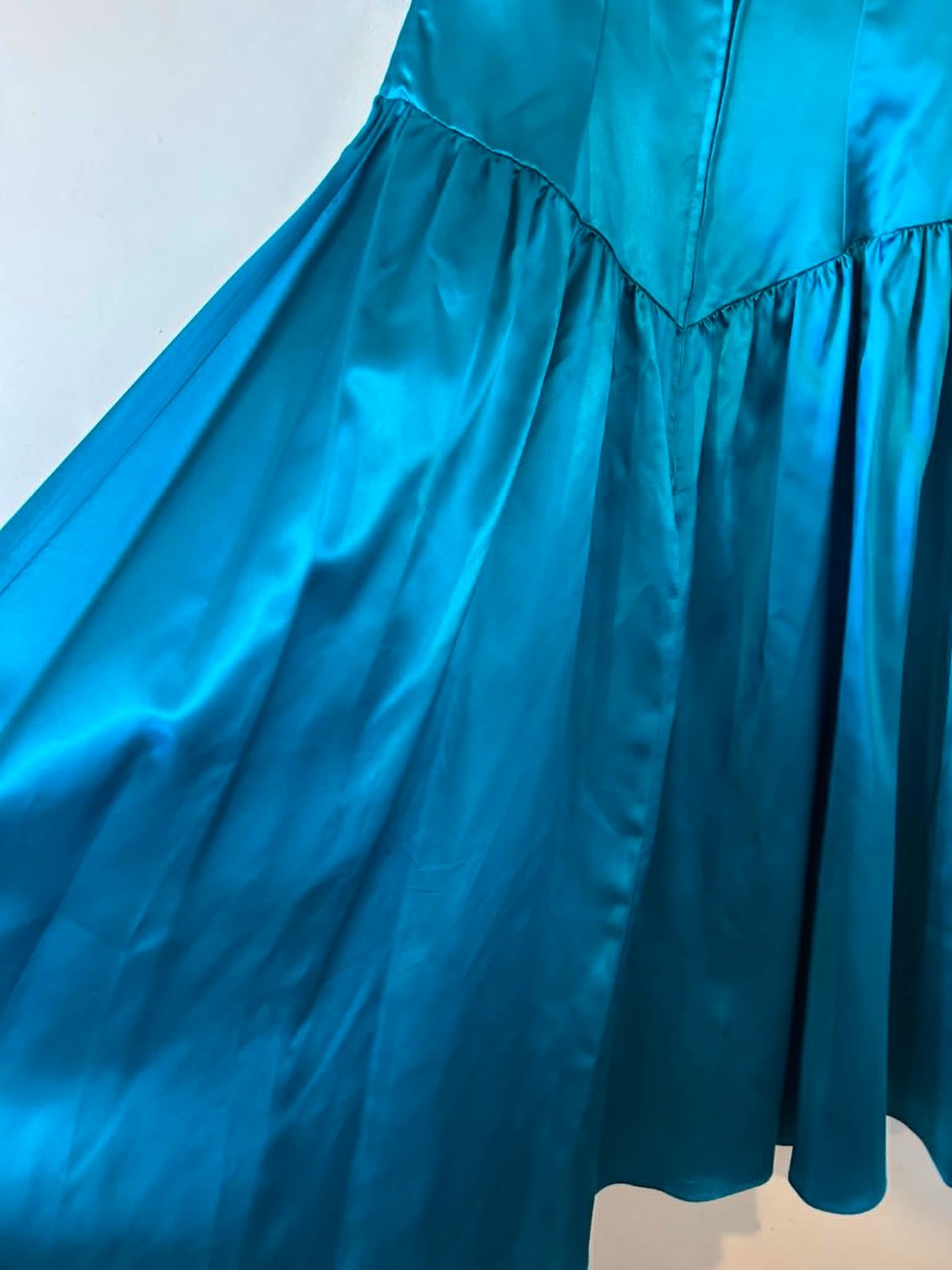 Vtg 80s Teal Acetate Liquid Satin Prom Dress Open Back Bow Puff Sleeve USA Sz 12