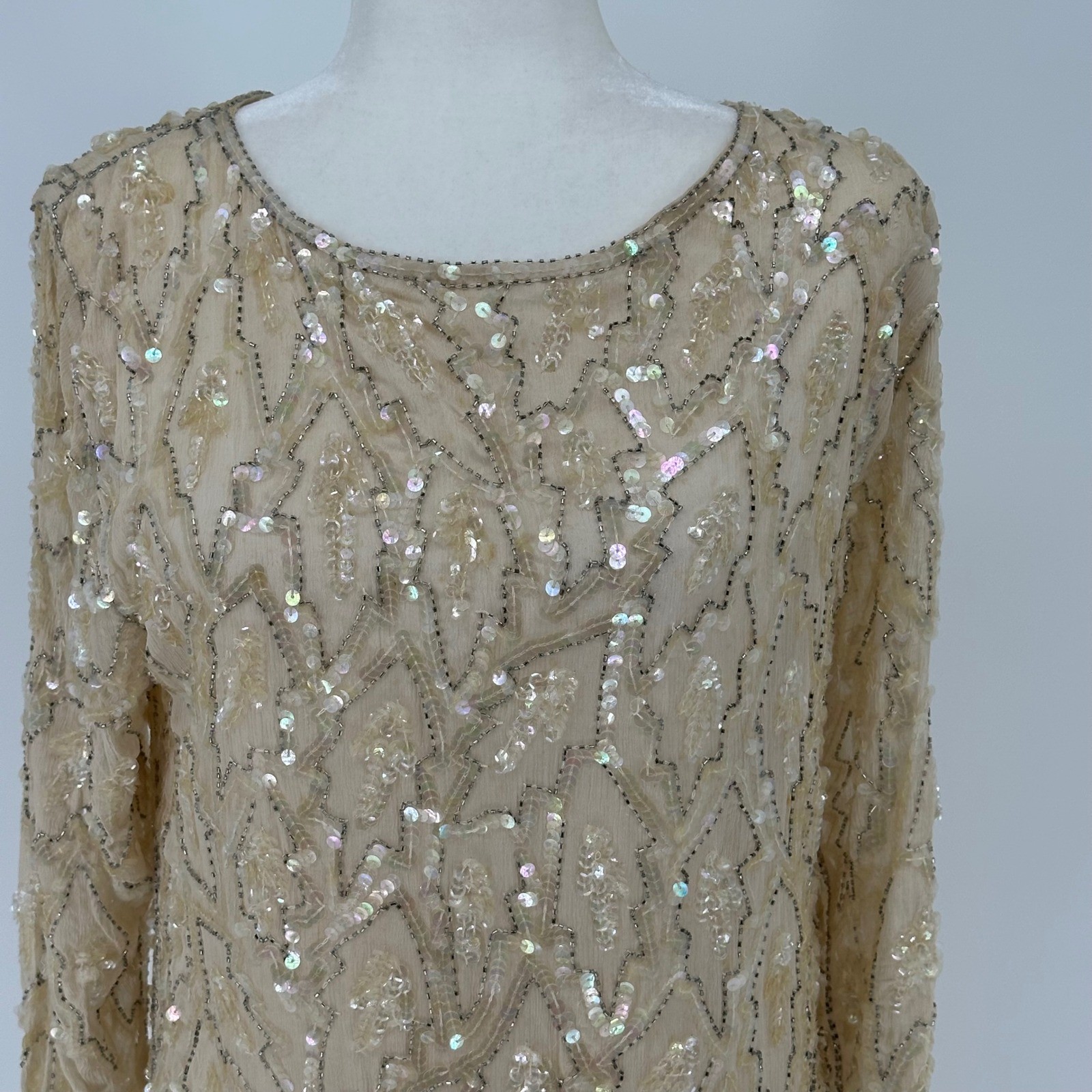 Vintage Whimsy Flapper Art Deco Swee Lo Champagne Silk Beaded Sequin Dress READ
