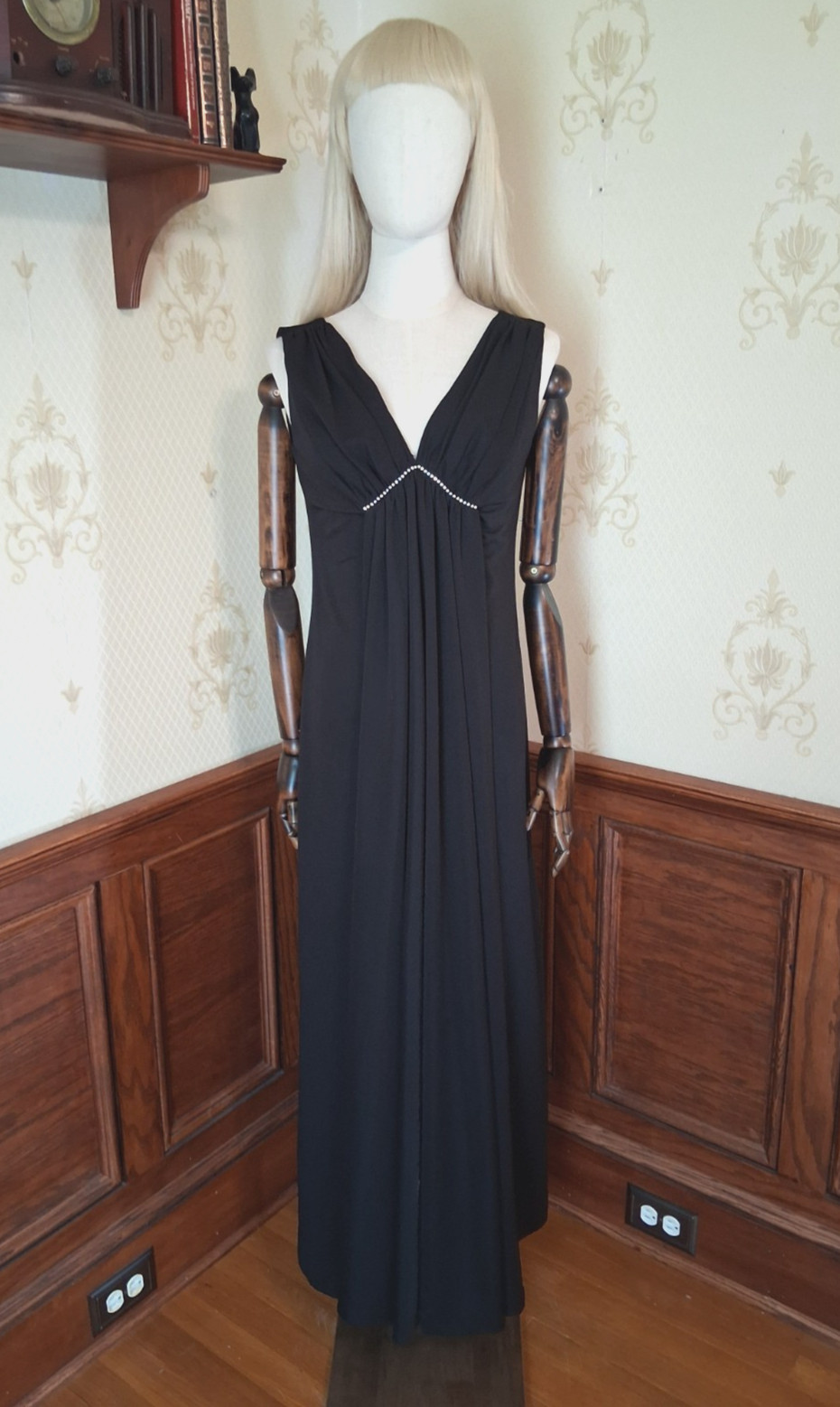 Vintage 1960s/1970s Mary Martin Black Rhinestone Grecian Goddess Hostess Dress