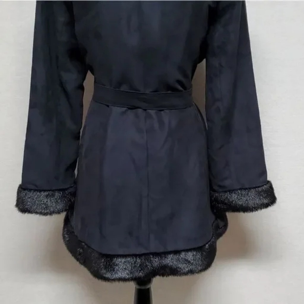 80s Vintage Extra Point by Reference Point Black Faux Suede Faux Fur Belted Coat