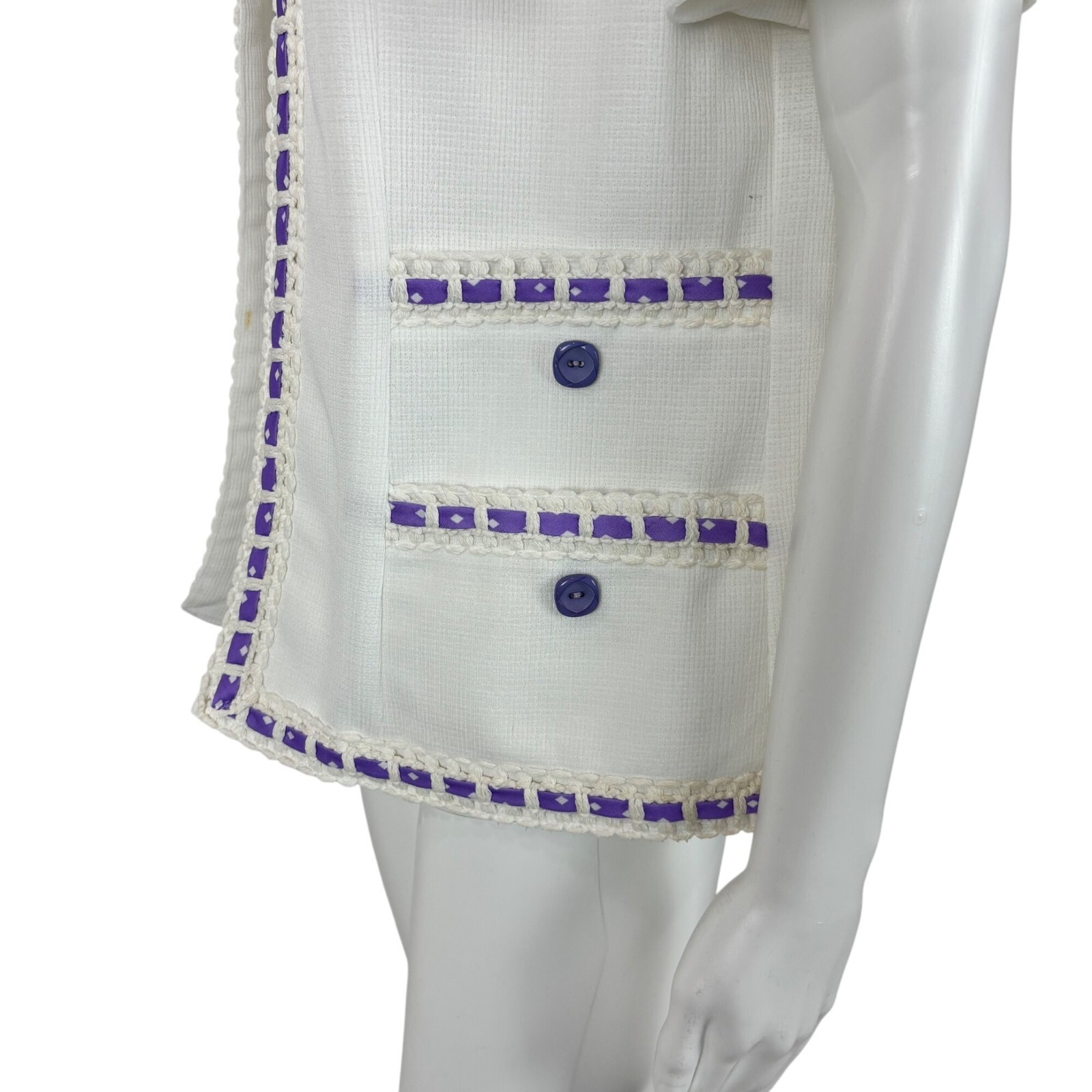 Vintage 70s Open Top Women&rsquo;s Large Lavender White Diamond Print Cardigan