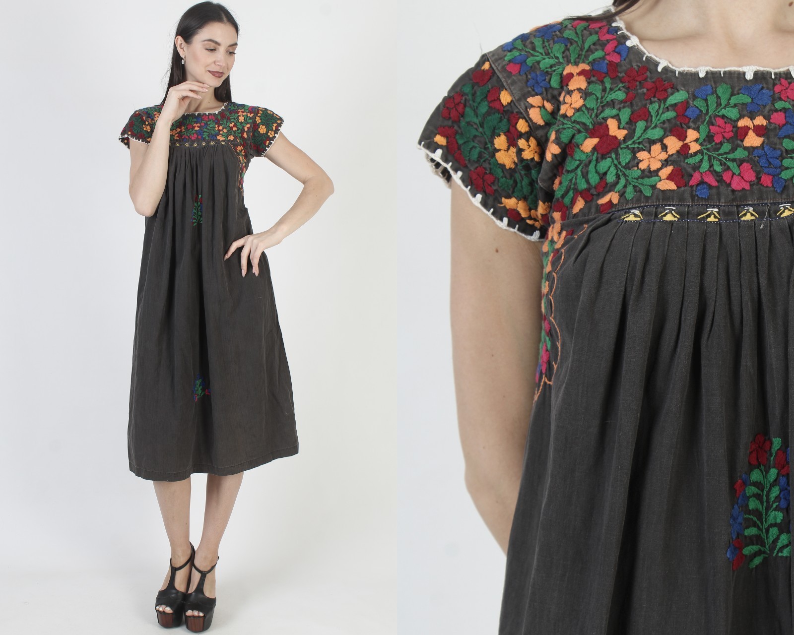 Black Oaxacan Dress Vtg Hand Embroidered Mexican Fiesta Beach Cover Up Kaftan