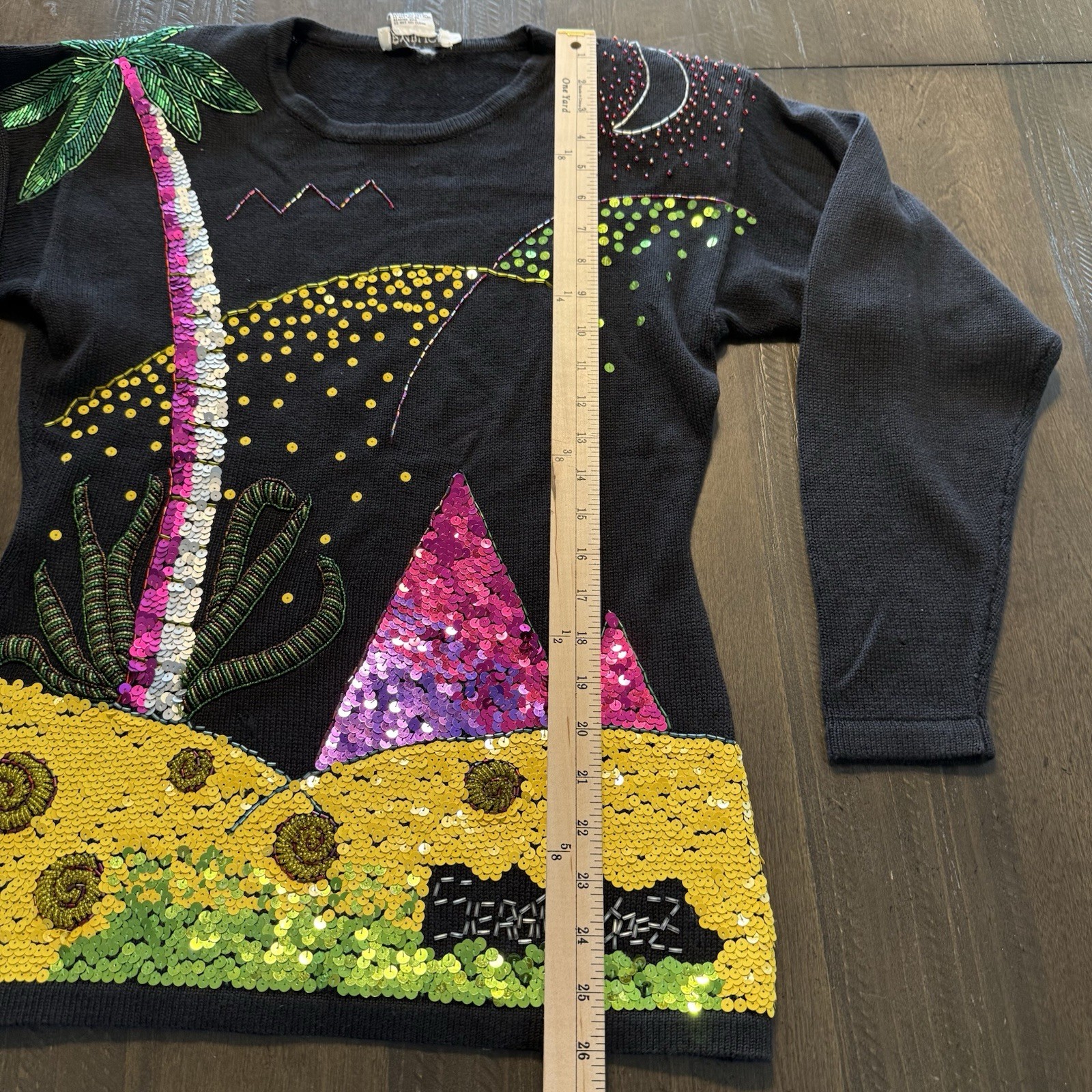 VTG Semplice Sequin Palm Tree Sweater M Black Pop Art Shoulder Pads Beach
