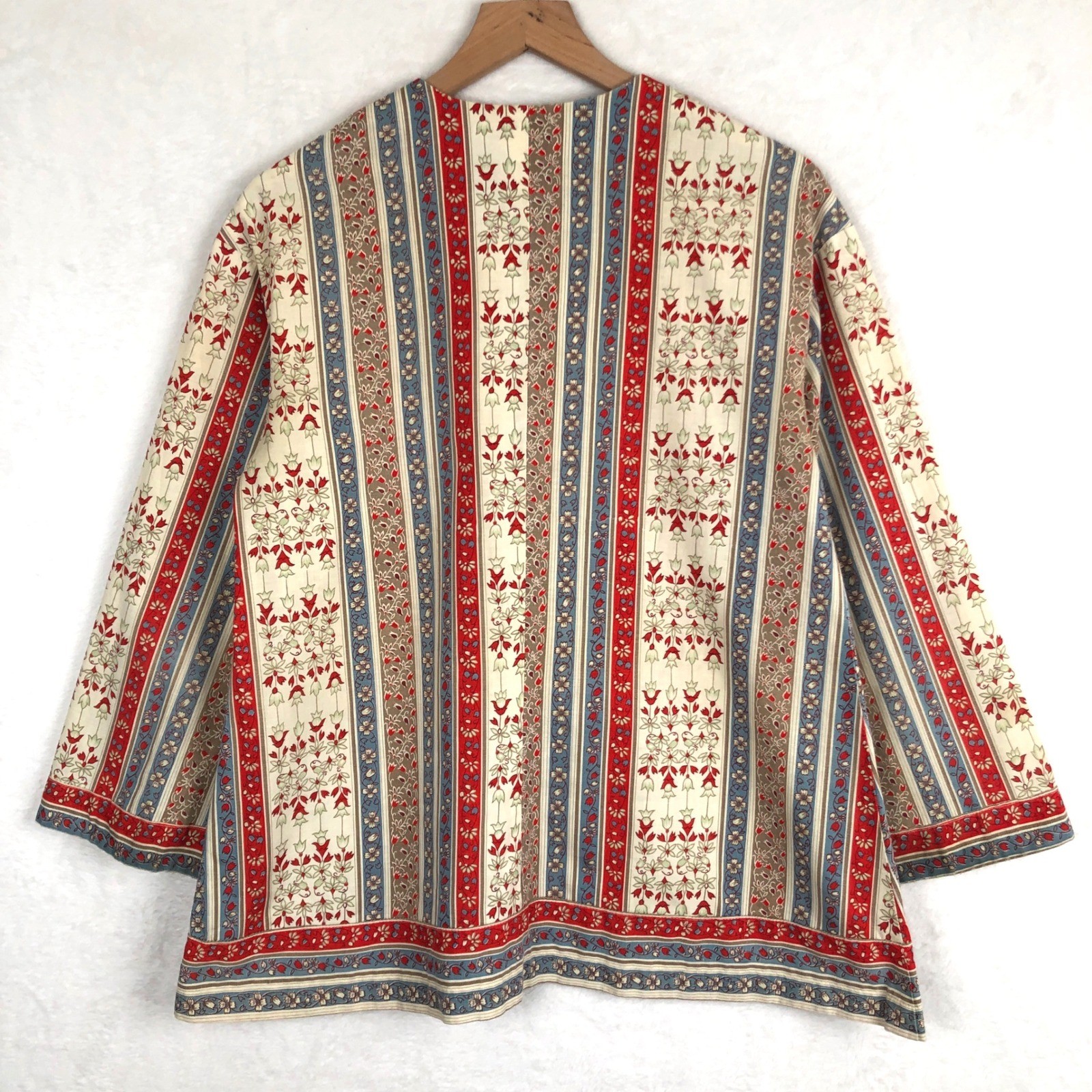 VTG 70s Handmade Floral Striped Toggle Button Tunic Top Sz M Red Blue Cream Boho