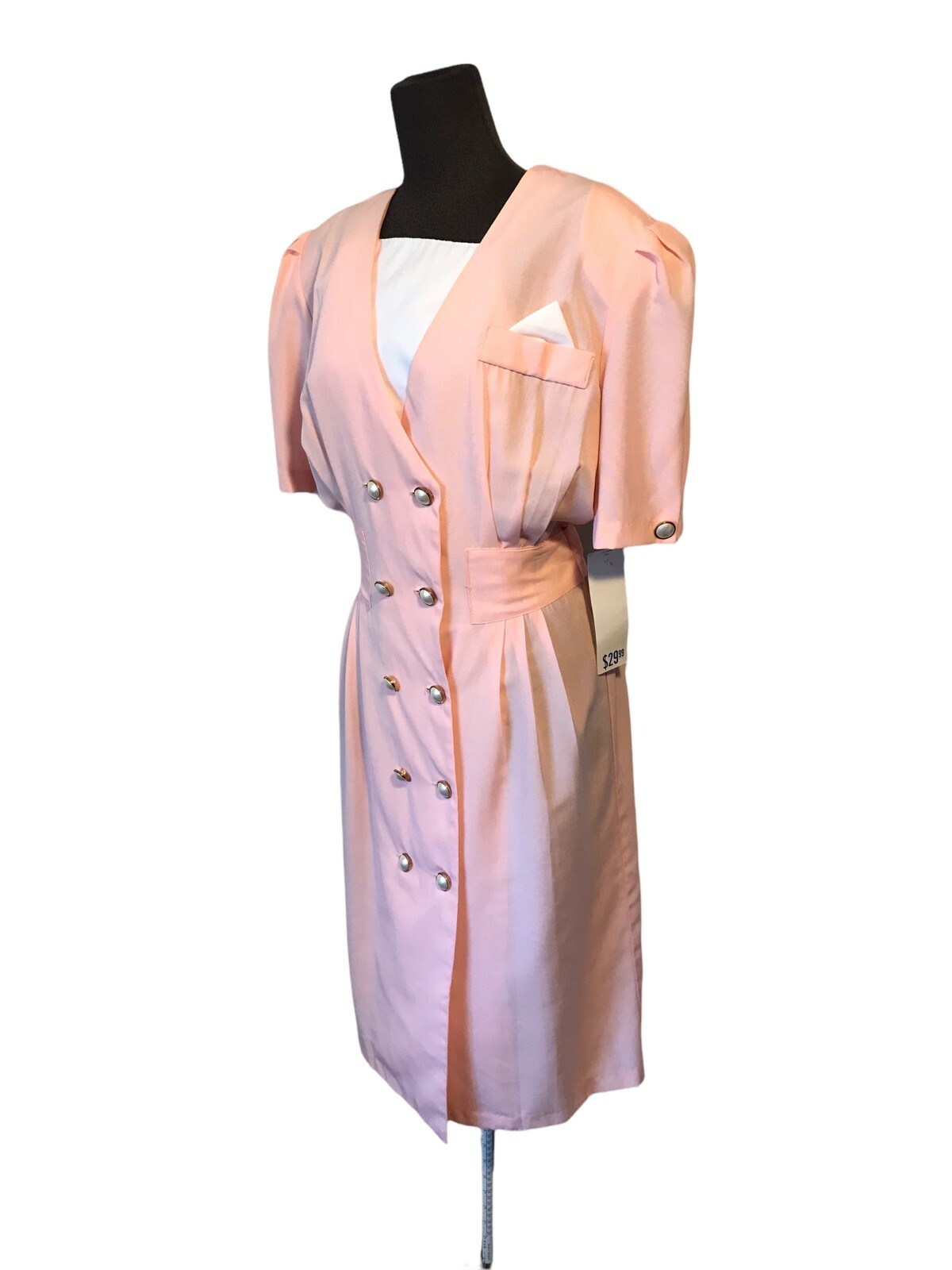 Womens Vintage Spring Easter Church DRESS Pink Button Front Wide Shoulder NWT 12