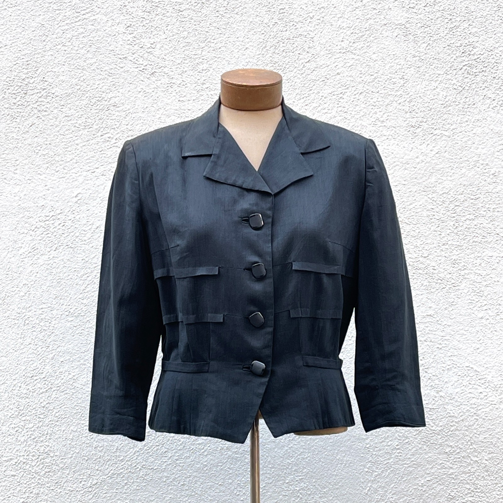Vintage Women&rsquo;s 50s Semmes Creations Black Cropped Peplum Jacket Blazer Medium