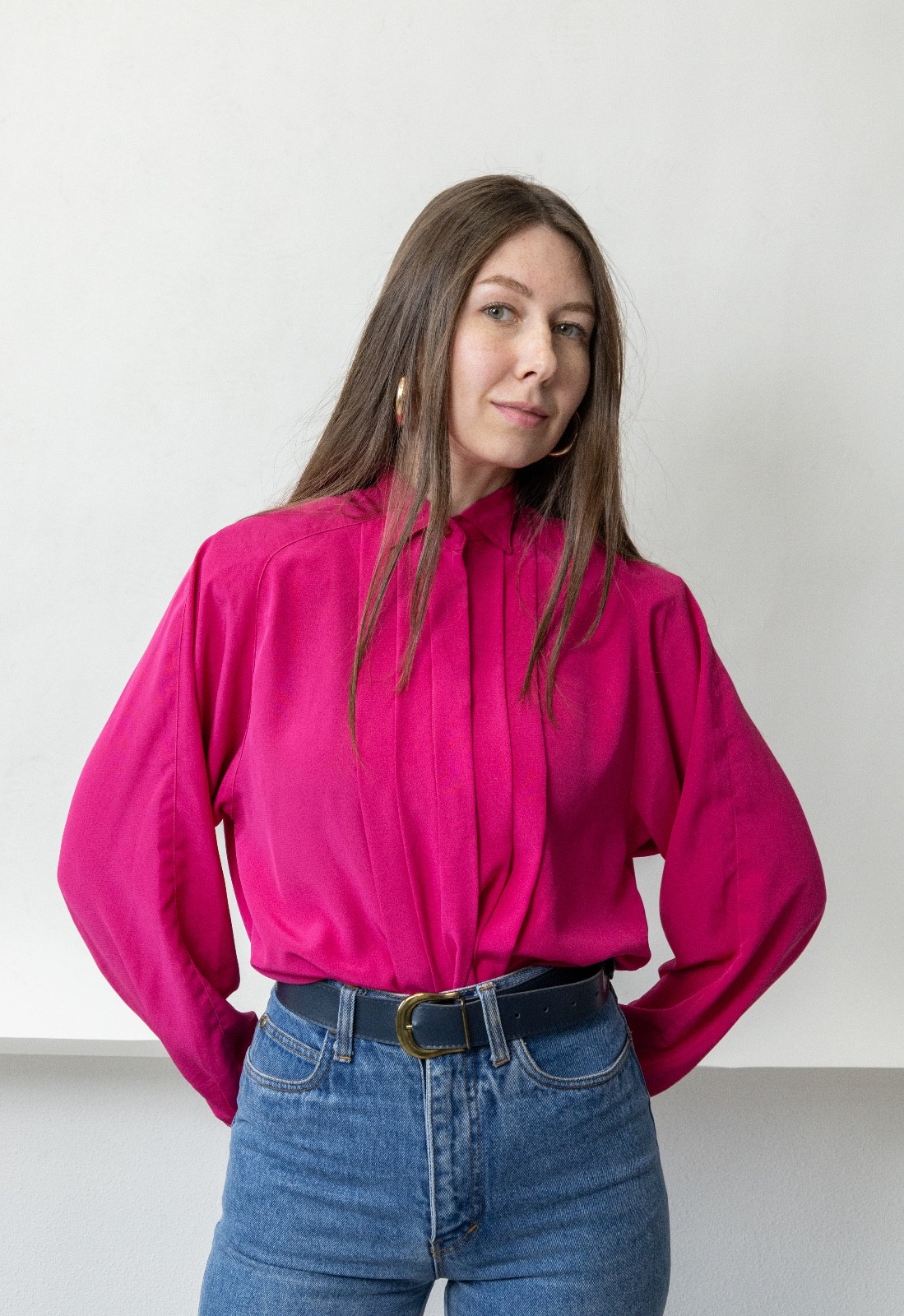 Vintage 80s Fuchsia Pink Pintuck Blouse Made in France Quiet Luxury Womens M