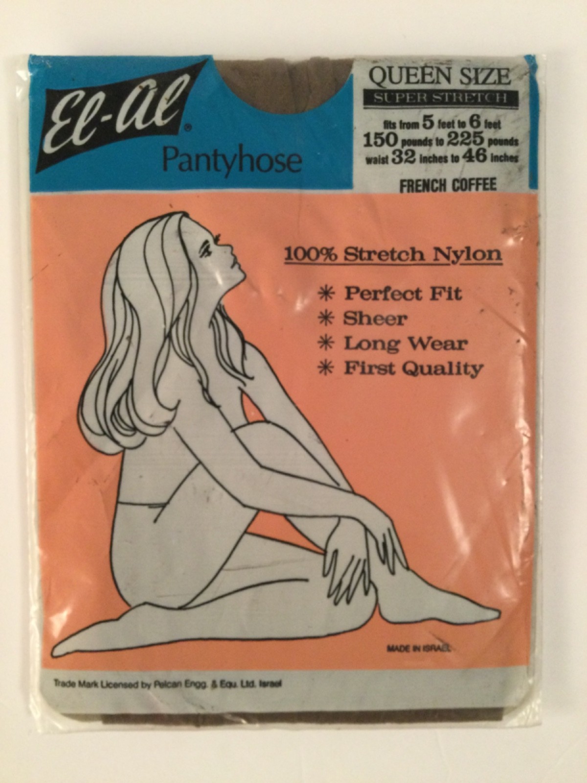 EL-AL Vintage French Coffee Color Nylon Pantyhose Queen Size 150 to 225 lbs NOS