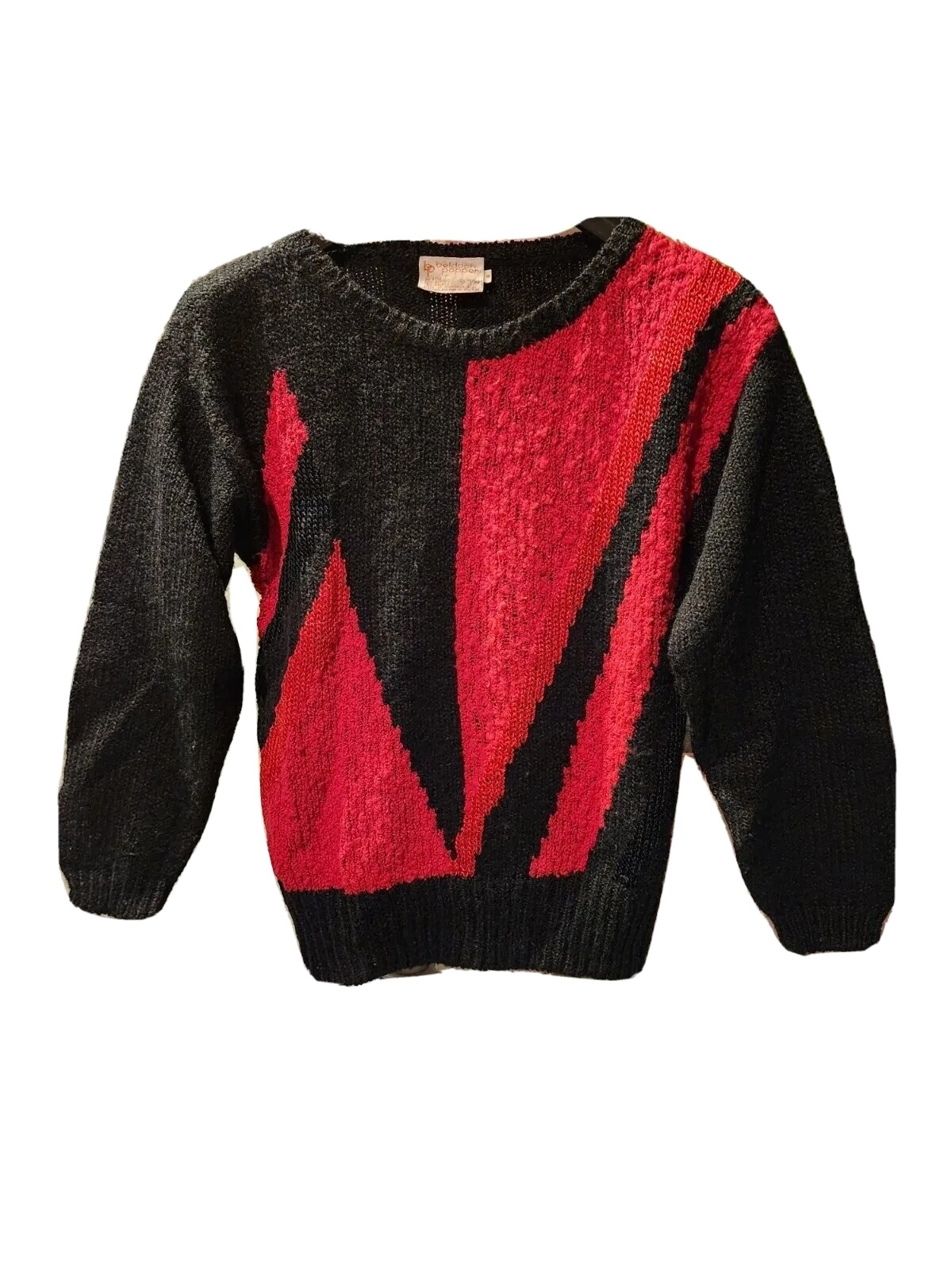 Vintage Beldoch Popper Red & Black Art Deco Soft Cozy 80&rsquo;s Sweater Size Medium