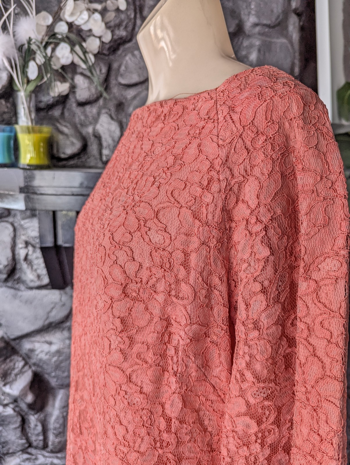 Vtg 60s Coral Peach Lace A-line Dress Bell Sleeves Satin Bow Sz M Party Cocktail