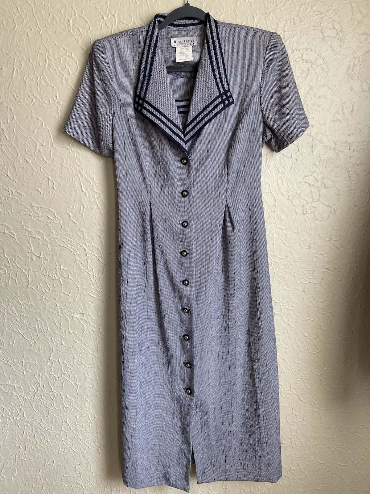 Miss Dorby Dress 10P Blue Vintage Sailor Collar Button Front Maxi Short Sleeve