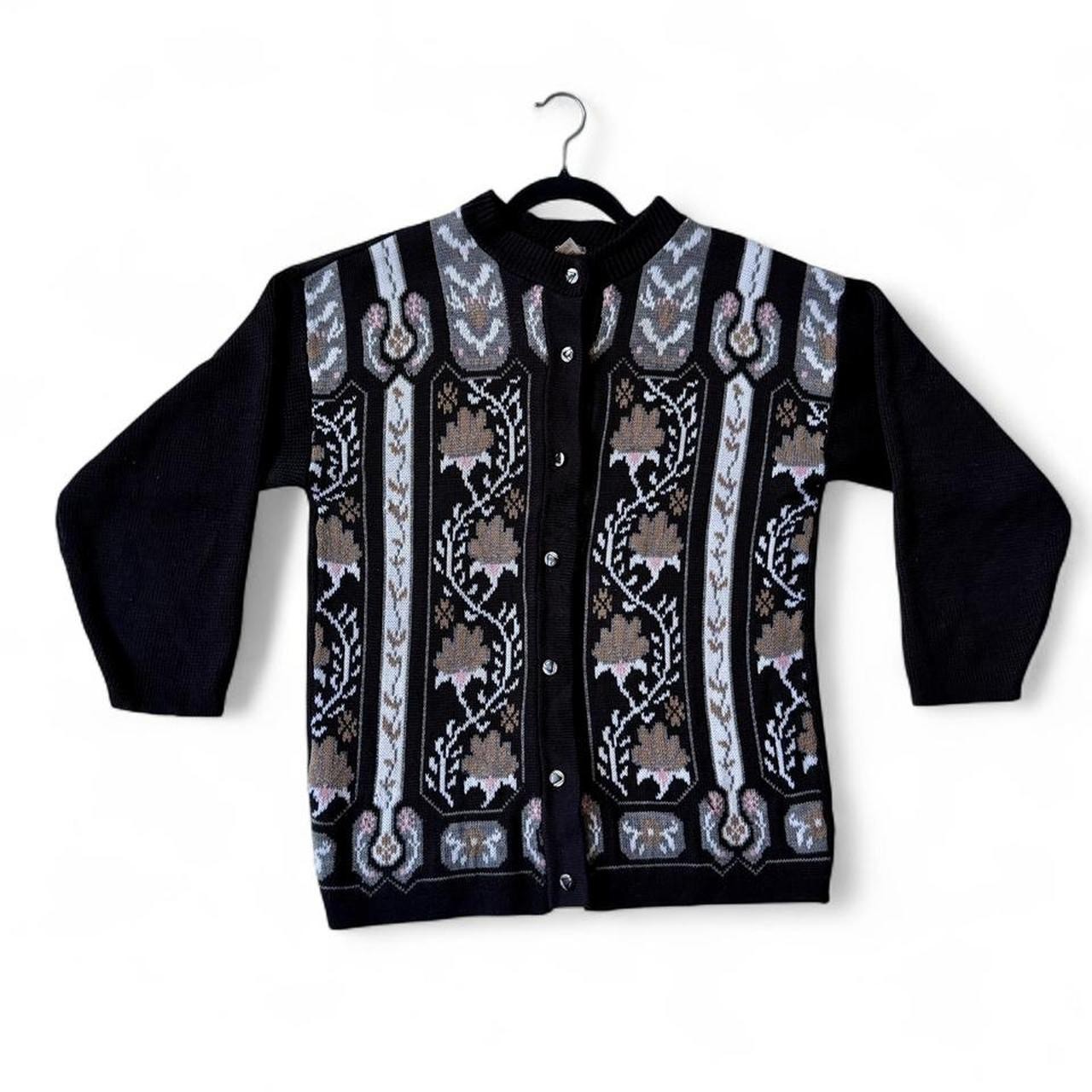 Vintage 80s Made in England Floral Cardigan Sweater Black Cottagecore S/M