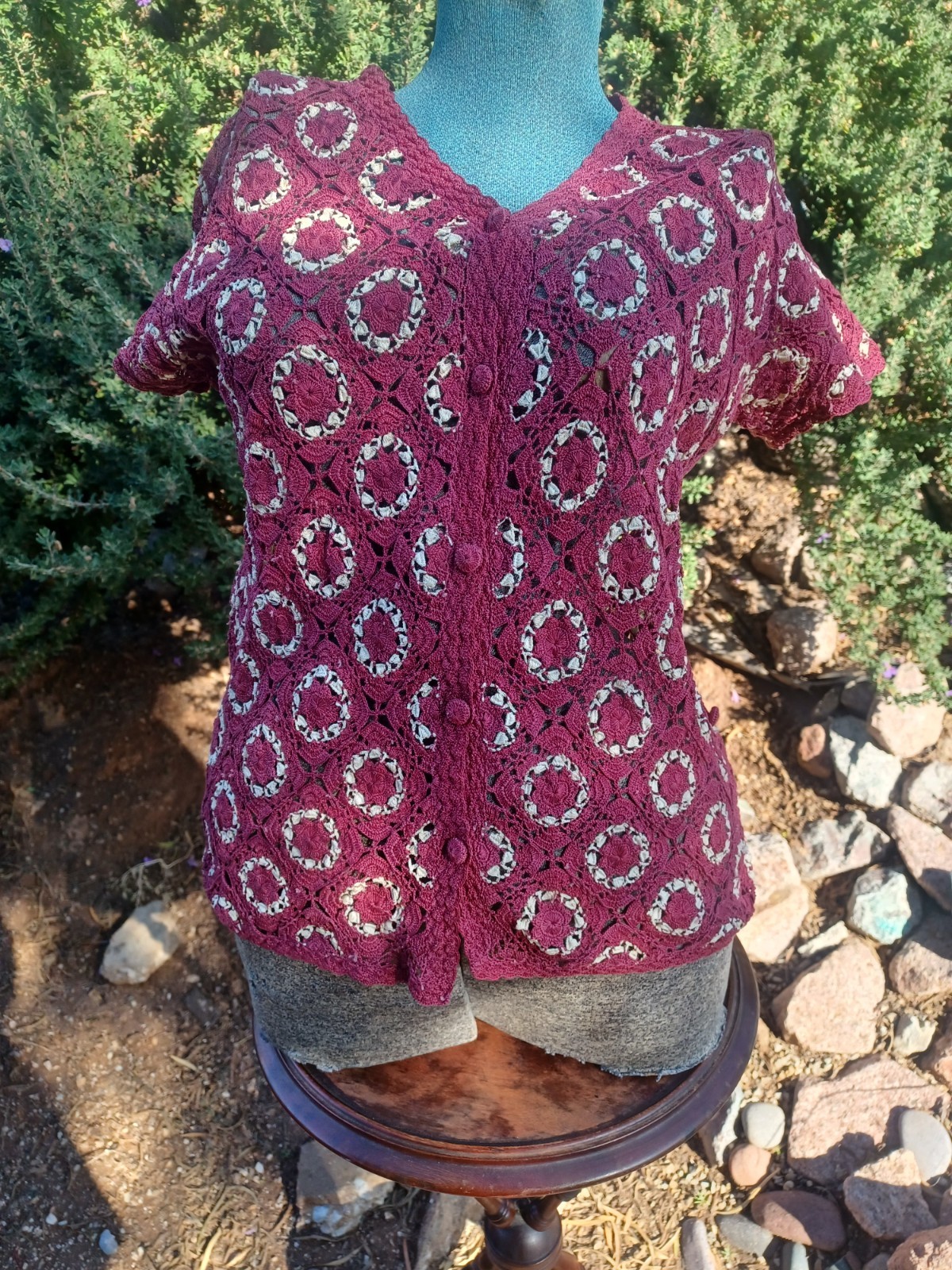 Vintage 60s/70s Boho/Cottagecore Burgundy Crochet Lace Top by Shanghai China