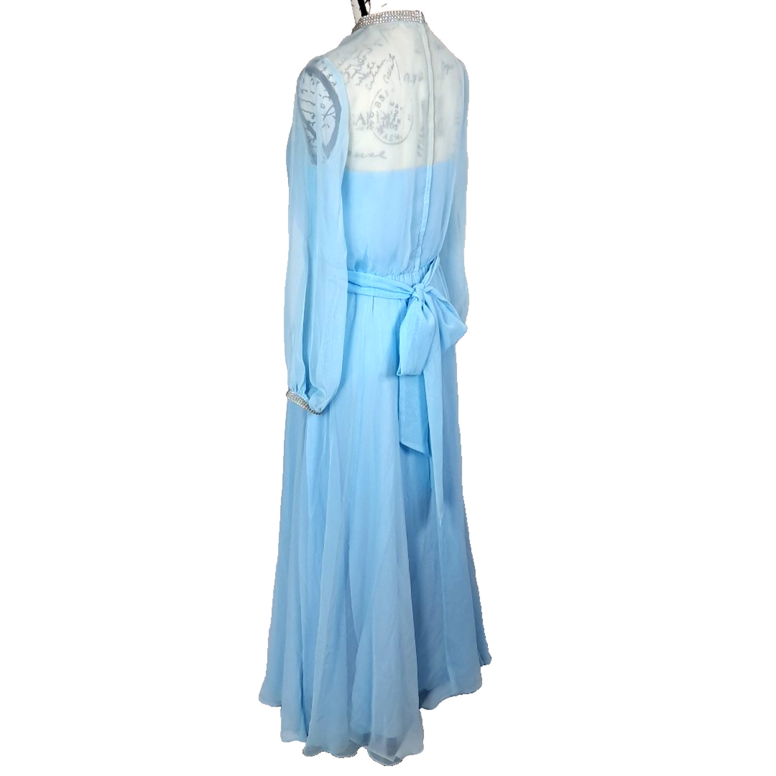 Vtg 70s Sheer Chiffon Rhinestone Maxi Dress Size 9 Blue Regency Formal Union Tag
