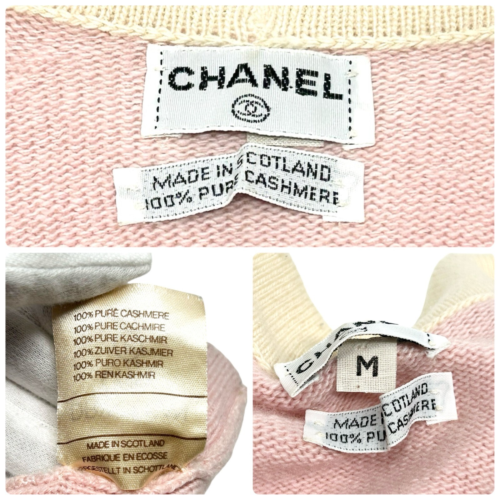 CHANEL Vintage CC Mark Logo Cardigan Pink Cream Cashmere Button Pockets Sweater
