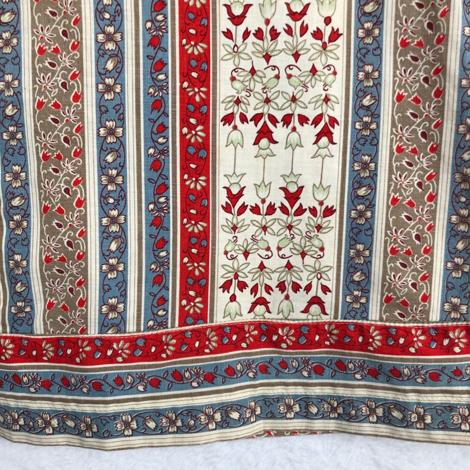 VTG 70s Handmade Floral Striped Toggle Button Tunic Top Sz M Red Blue Cream Boho