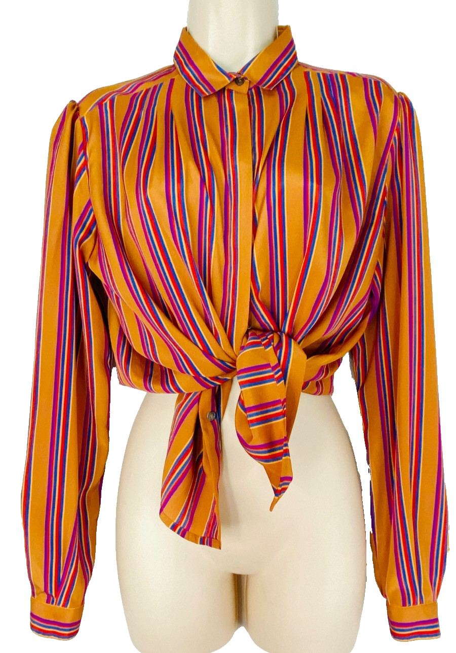 Vintage 1970s rainbow blouse M L striped tan brown long sleeve top shirt purple