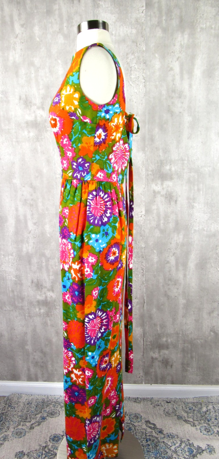 Vintage 60s 70s Hawaiian Floral Formal Maxi Gown Dress MINT Orange Green Small