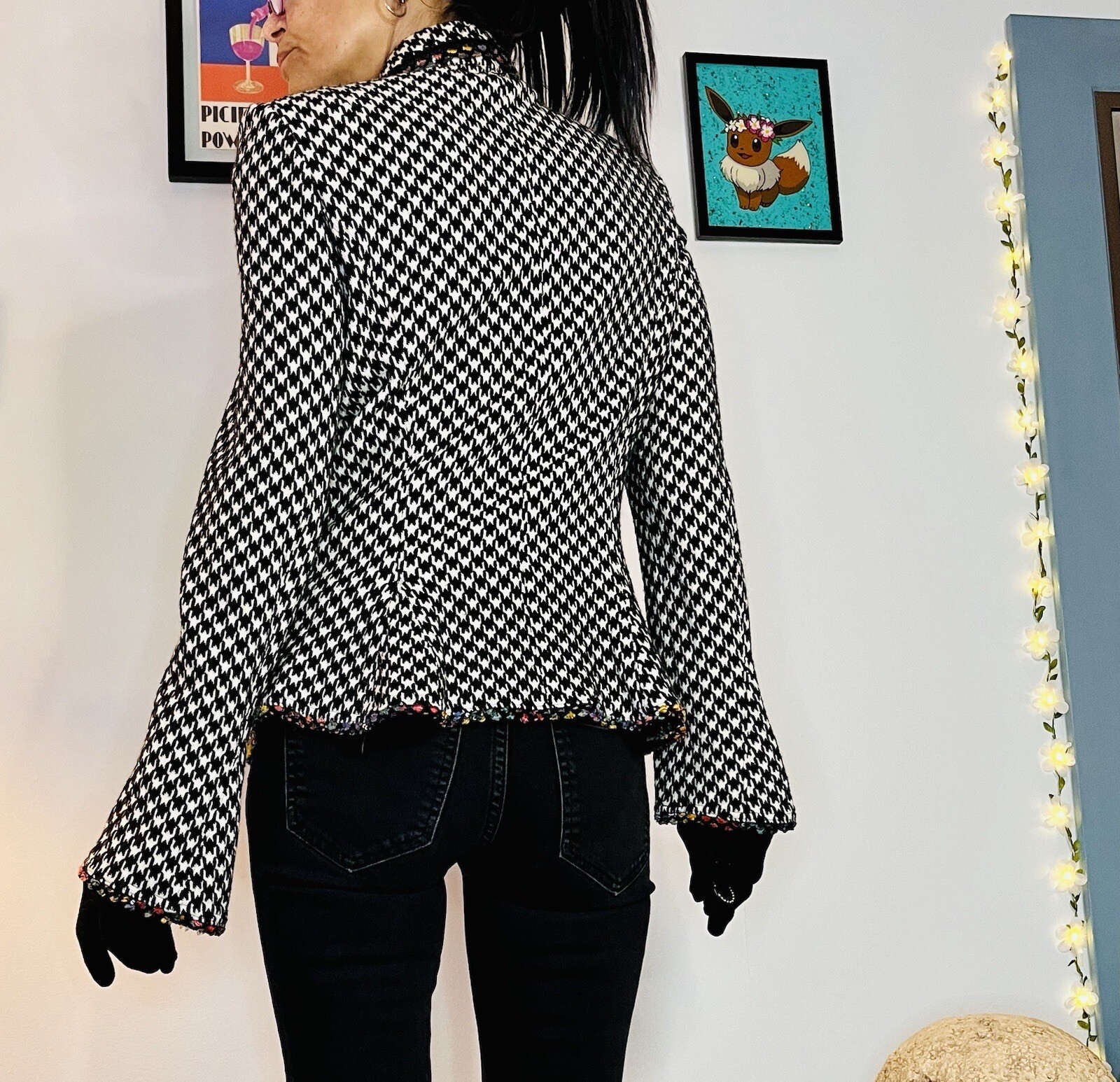 Vintage 80’s Houndstooth Fitted Blazer Rainbow Trim Bell Sleeves Stretch