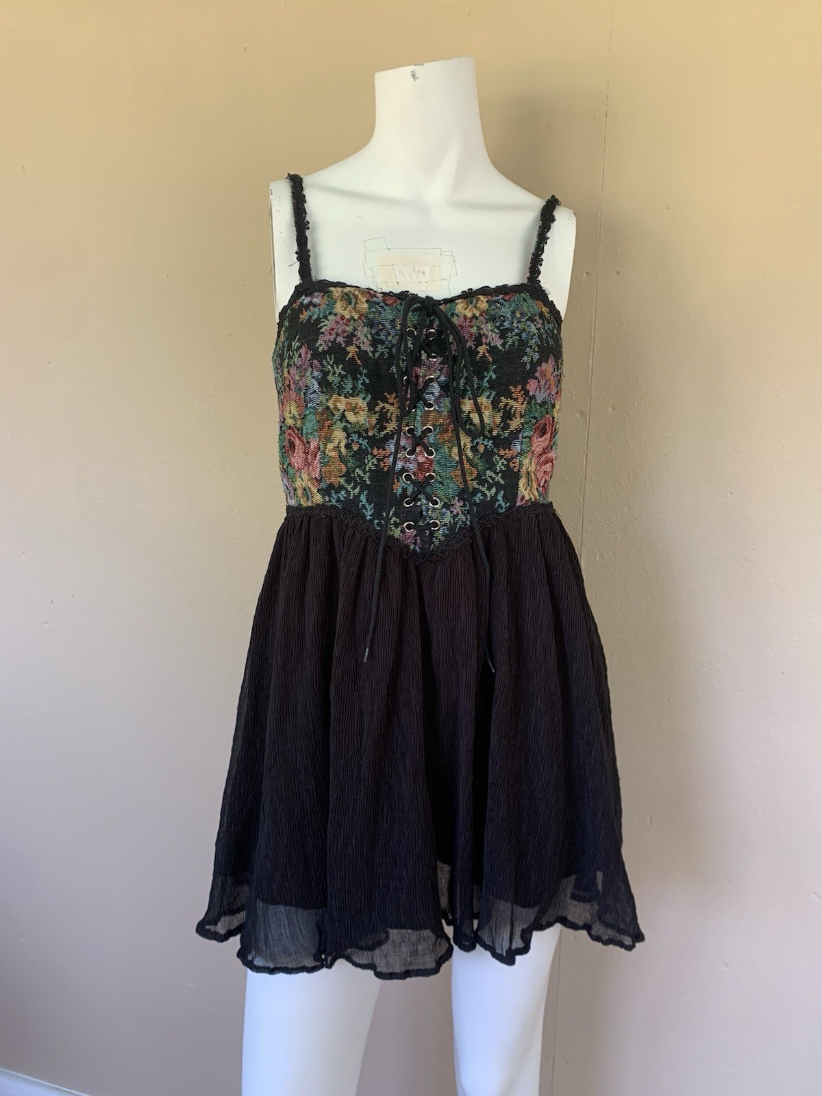 Vintage 90s Corset Tapestry Bust Mini Dress | Y2K Spaghetti Strap Babydoll Dress