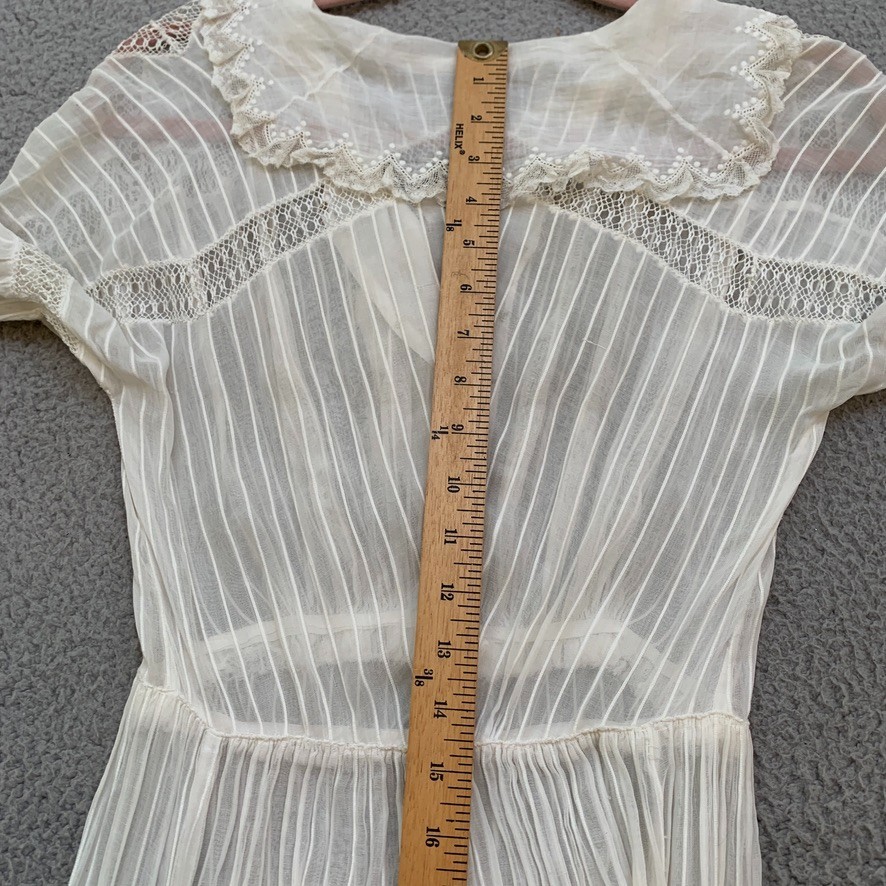 Antique Edwardian White Cotton Dress XXS Crochet Lace Lawn Tea Victorian Sheer