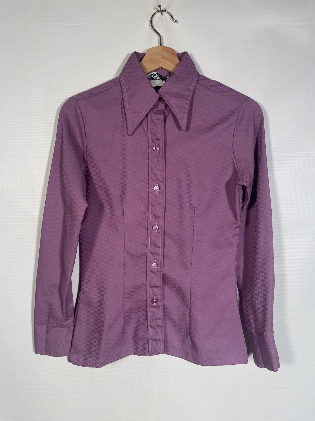Vitg 70s Dagger Collar Damask Weave Geometric Print Tailored Purple Blouse Sz S