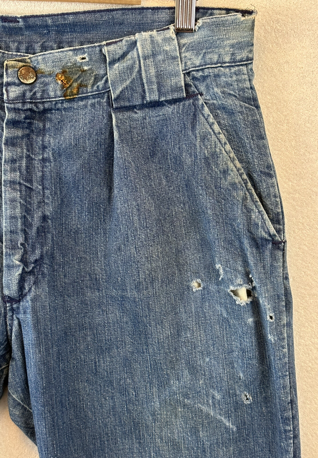 Vintage 70s Womens Thrashed Denim Flare Jeans Trouser Talon Pleated 32 x 28