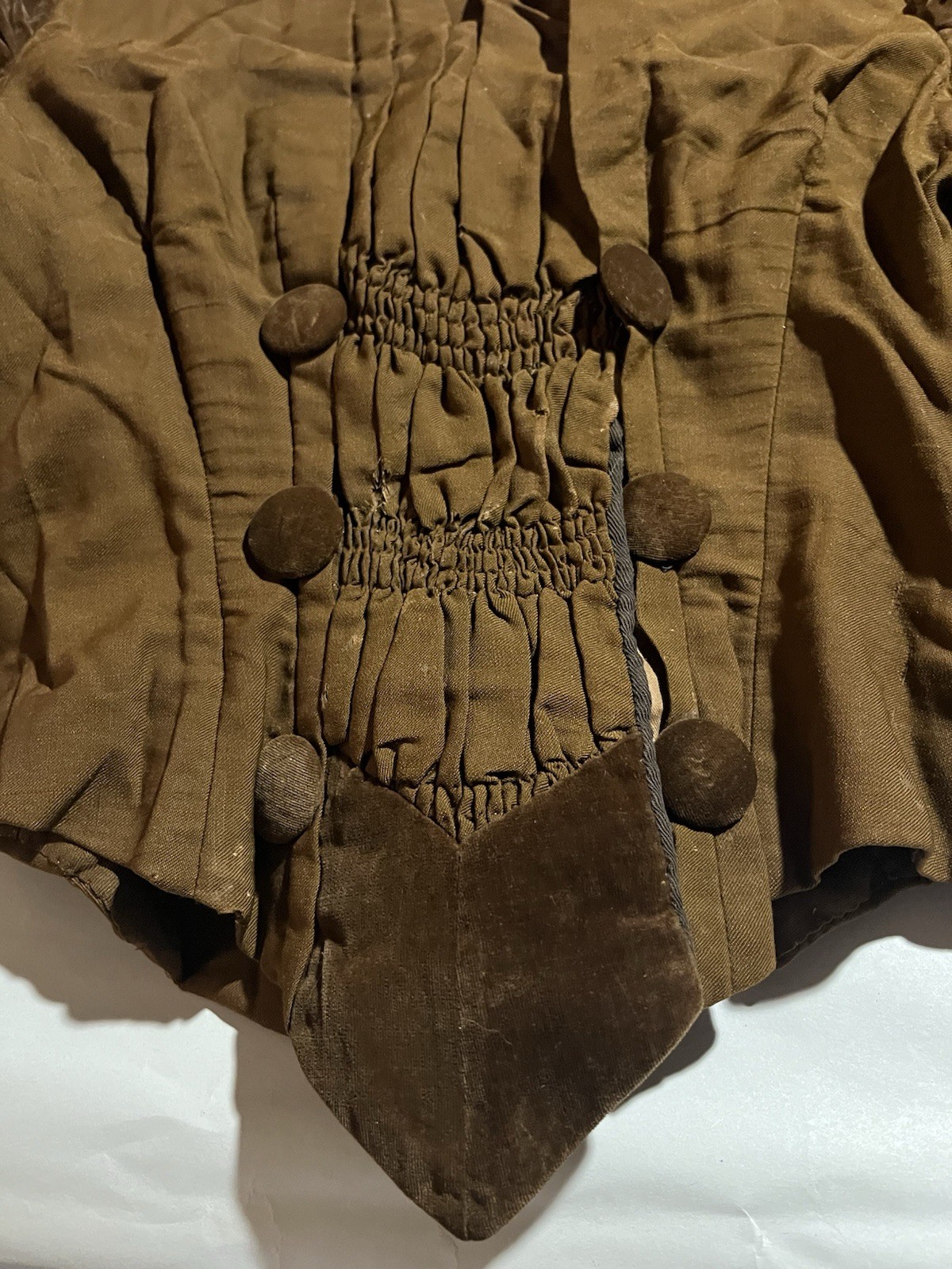 Antique Edwardian Boned Waist Jacket Velvet Trim & Puff Sleeves-Smocked-Coattail