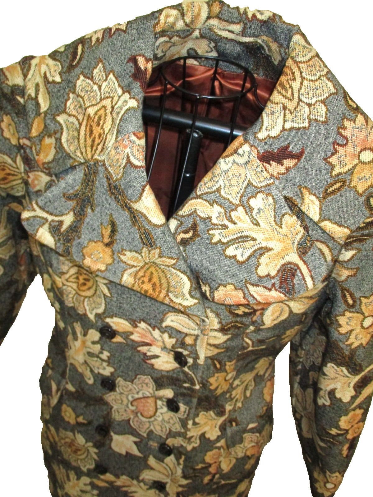 VTG Betty Rose Gray Orng Floral Coat Tapestry Double Breasted Dagger Collar Lrg