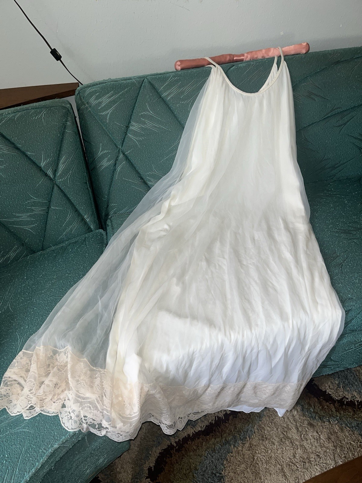 VTG INTIME Chiffon Nightgown Large White Ivory Lace Bridal Full Sweep Maxi Gown