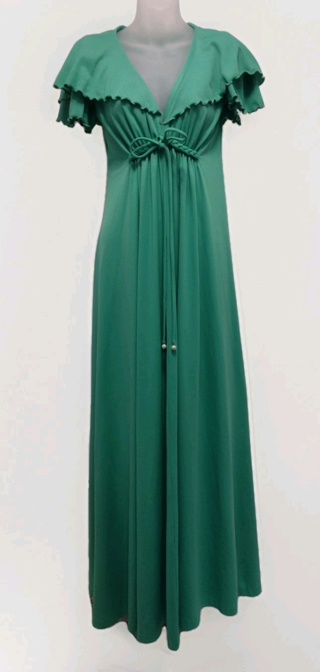 VTG 70s Green Double Knit Empire Waist Maxi Dress Flutter Sleeve 11/12 Studio 54